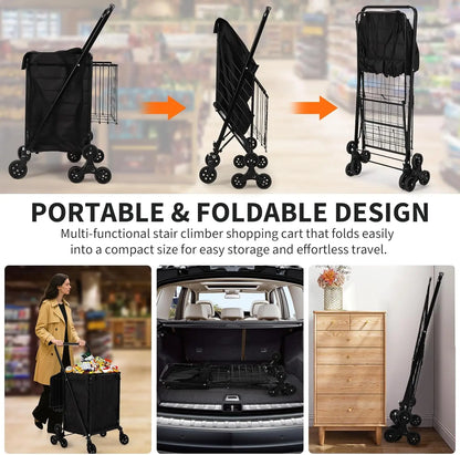 Portable Collapsible Folding Utility Cart Stair Climbing Grocery Cart Featuring Rear Tri-Wheels 360° Swivel Wheels for Grocery