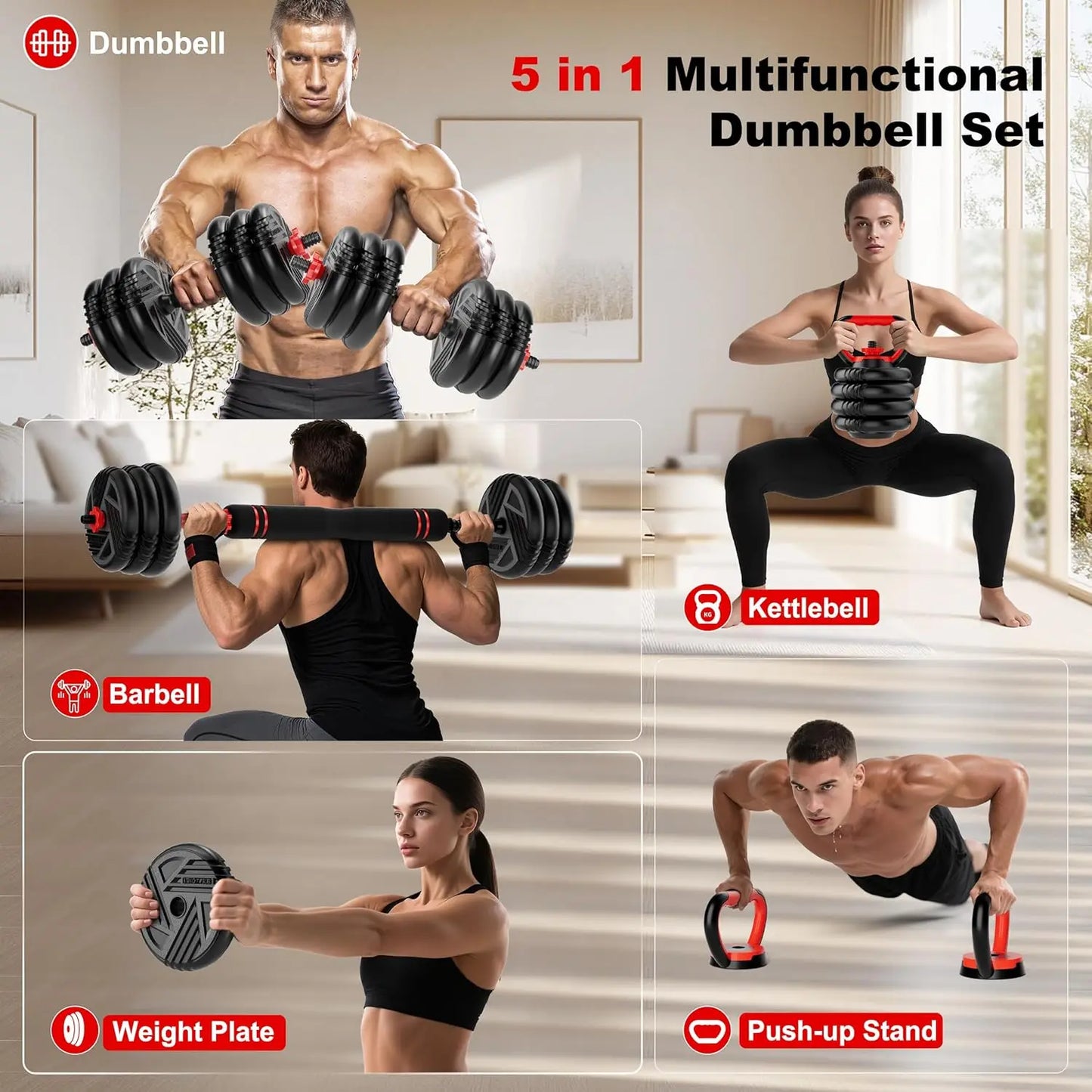 5-in-1 Adjustable Dumbbell Set Converts to Barbell & Kettlebell, 10-90lbs for Home Gym Workout