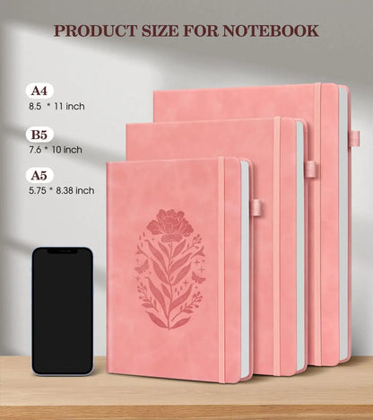 A5 Pink Hardcover Leather Journal for Women, 200 Pages Lined Notebook with Elastic Closure, Perfect for Writing and Travel