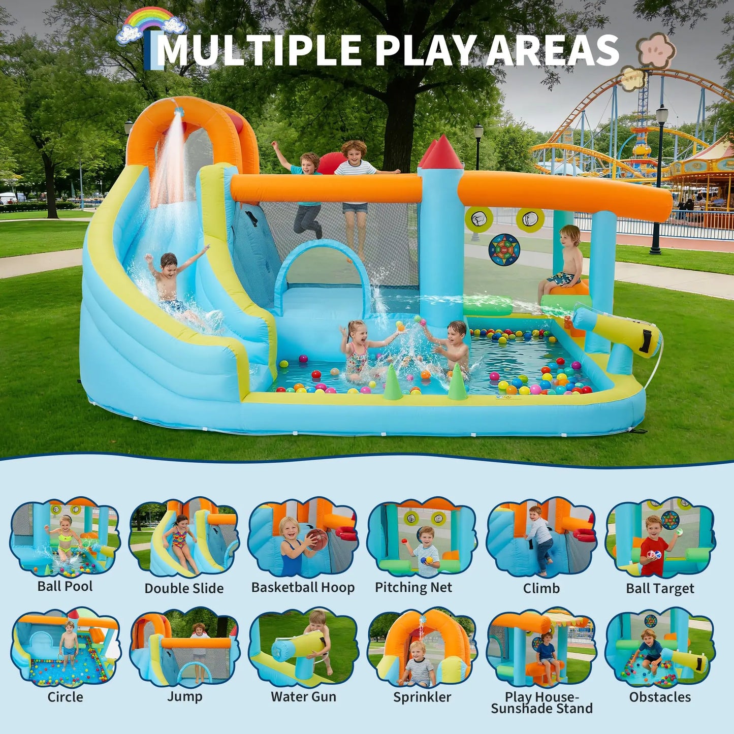 14x10FT Inflatable Bounce House 12-In-1 Wet Dry Water Slide With 450W Blower Kids Jumping Castle For Indoor Outdoor Backyard