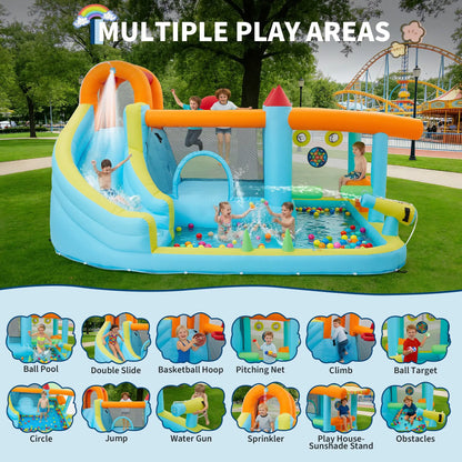14x10FT Inflatable Bounce House 12-In-1 Wet Dry Water Slide With 450W Blower Kids Jumping Castle For Indoor Outdoor Backyard