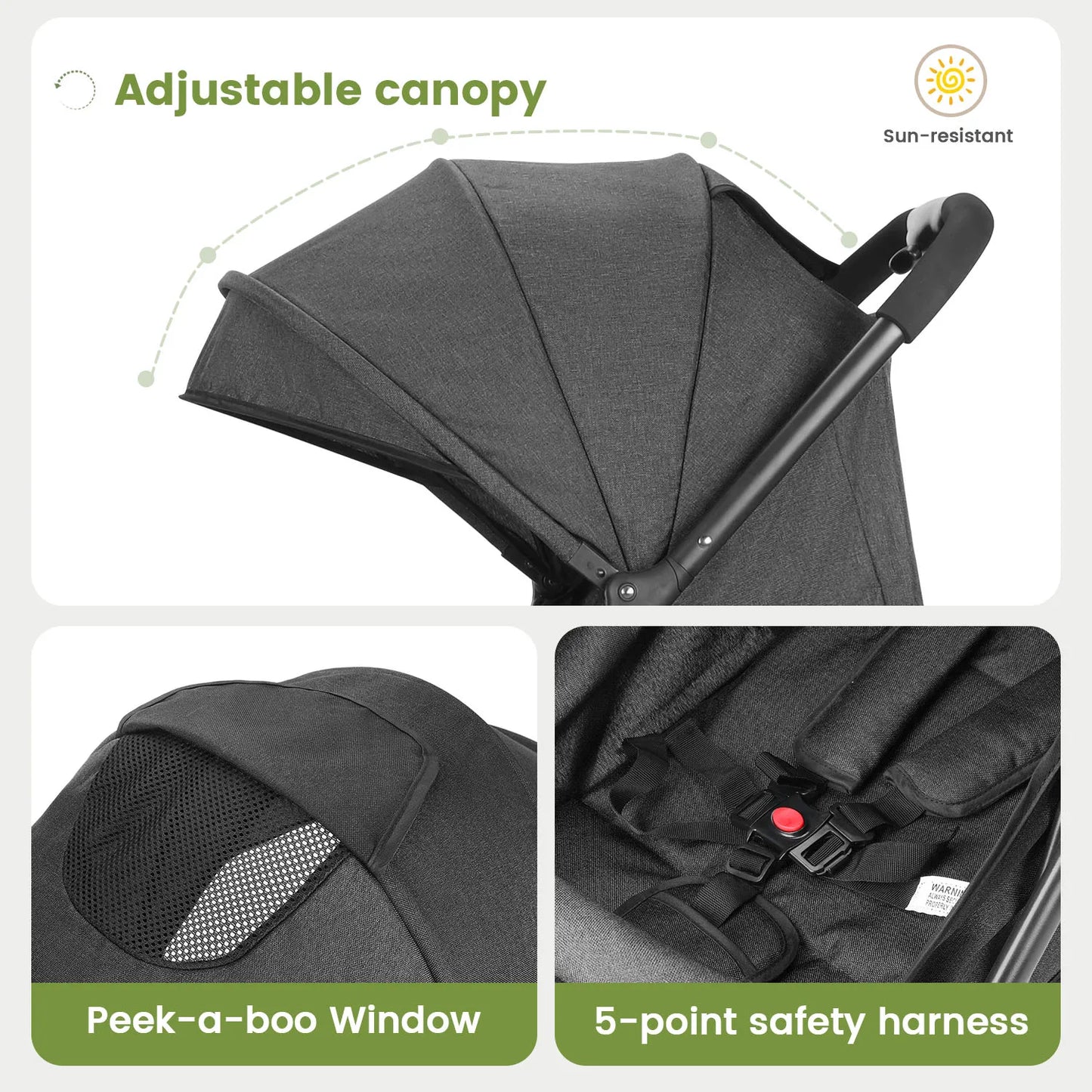 Lightweight Stroller, One-Hand Fold Compact Travel Stroller with 4-Wheel Suspension, Adjustable Recline & Canopy