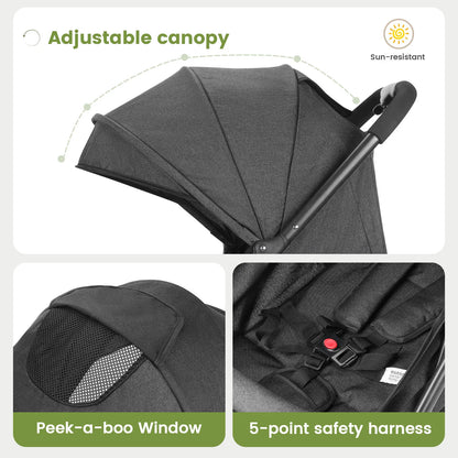 Lightweight Stroller, One-Hand Fold Compact Travel Stroller with 4-Wheel Suspension, Adjustable Recline & Canopy