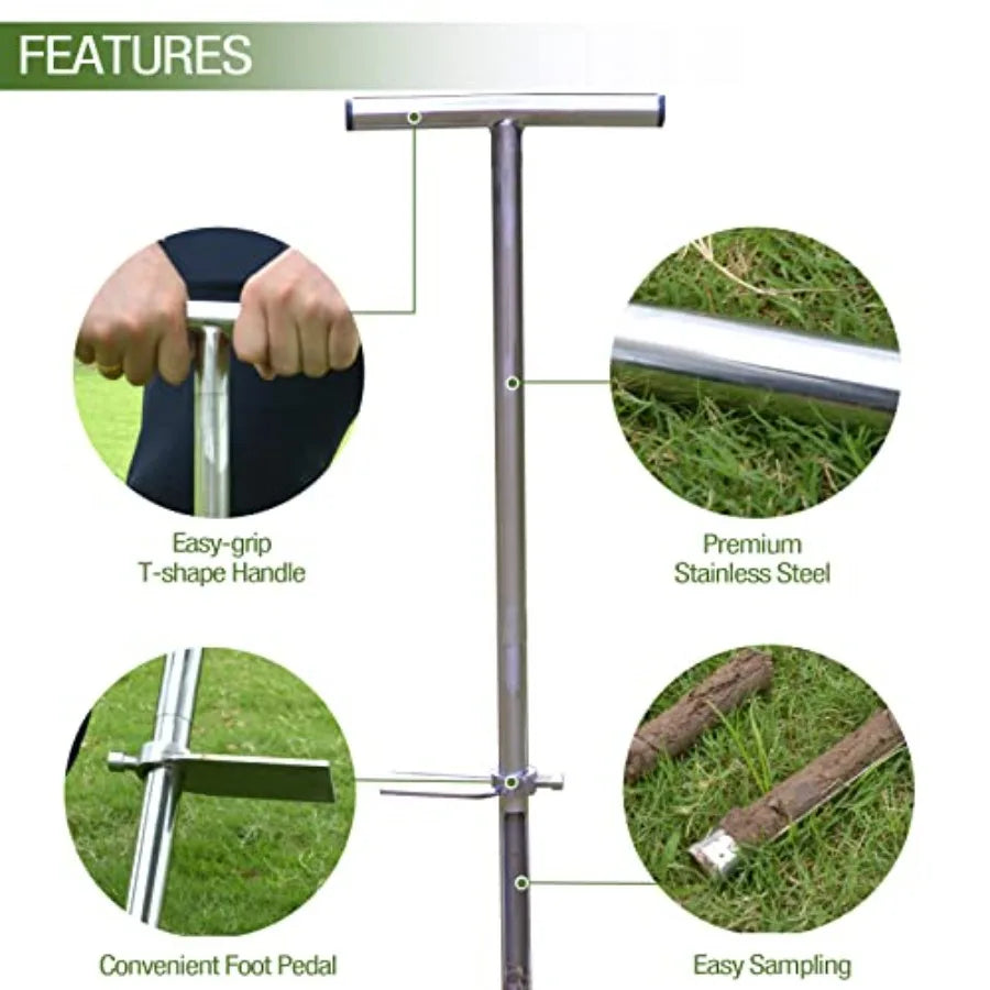 Soil Probe 35 Inch with 2 Bags Straight Soil Sample Probe for Lawn House Plants T-Handle Soil Sampler Probe Rod with Pedal Stai