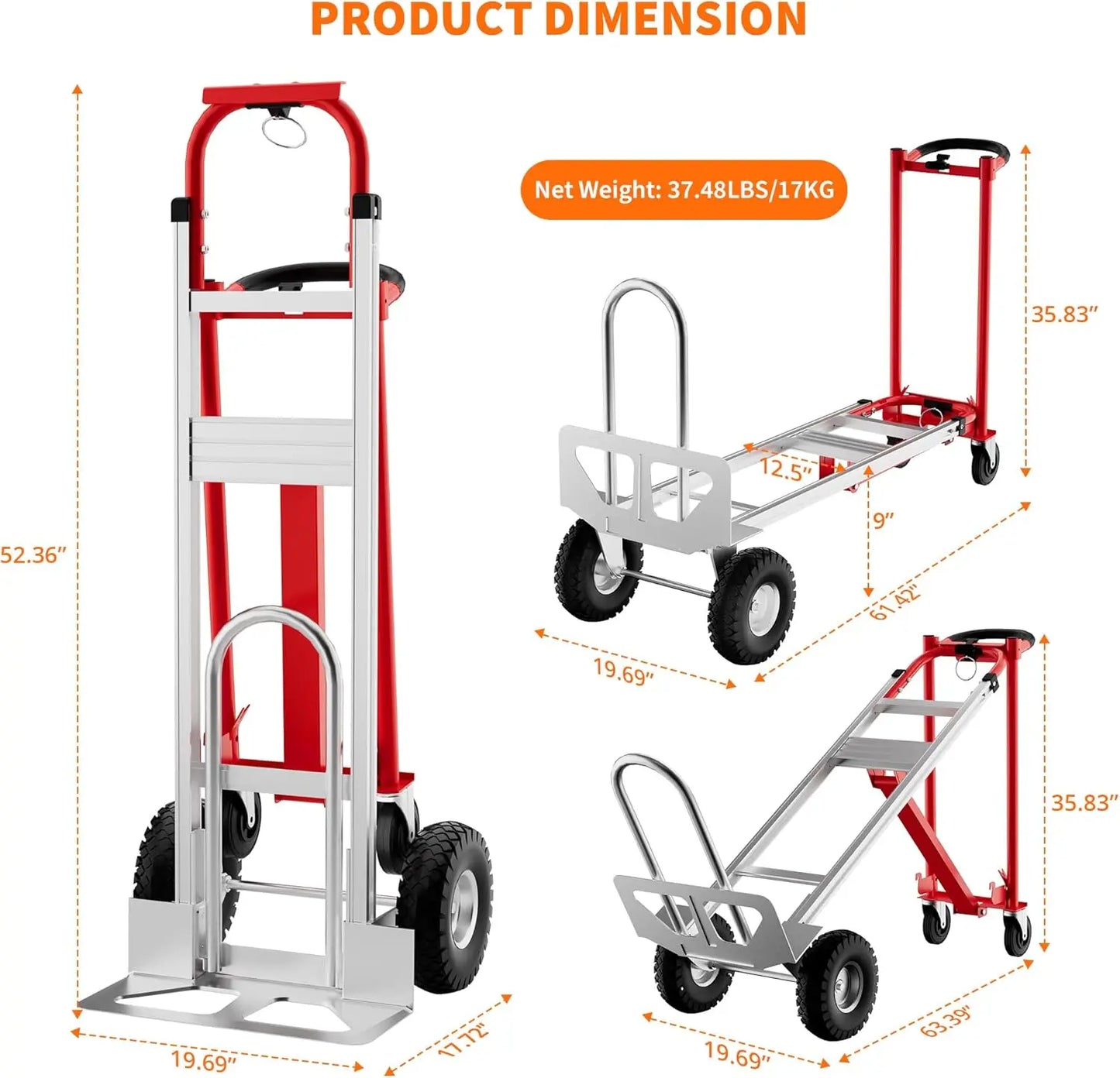 3-in-1 Convertible Hand Truck Dolly, 770lbs Folding Aluminum Cart with Wheels & Elastic Straps for Home, Warehouse, Supermarket