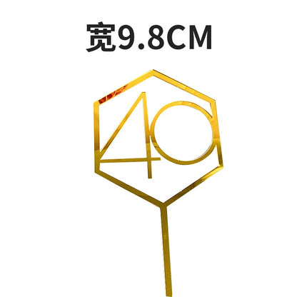 Numbers18-60 Happy Birthday Cake Topper Gold Silver Hexagonal Acrylic Anniversary Party Cupcake Topper Cakes Dessert Decoration