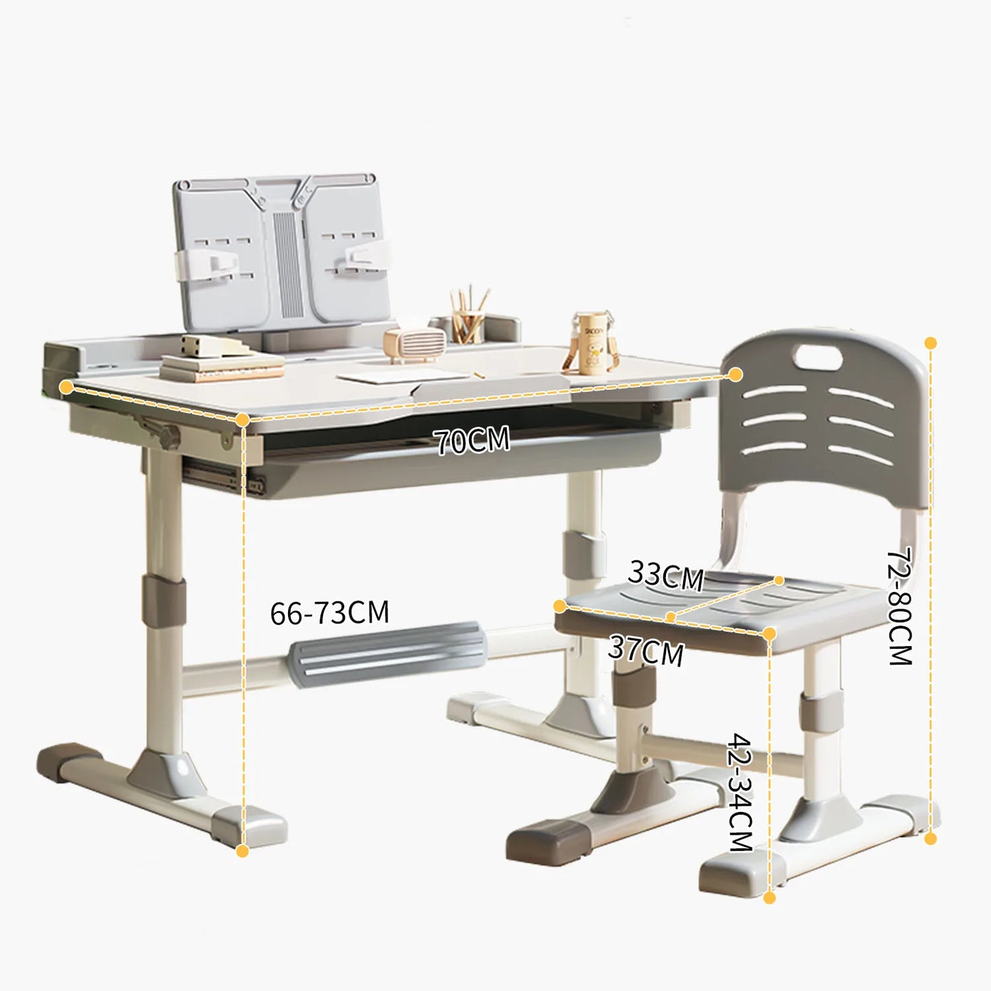 Functional Desk and Chair Set, Height Adjustable Study Desk with Tilt Desktop, Bookstand, Storage Drawer