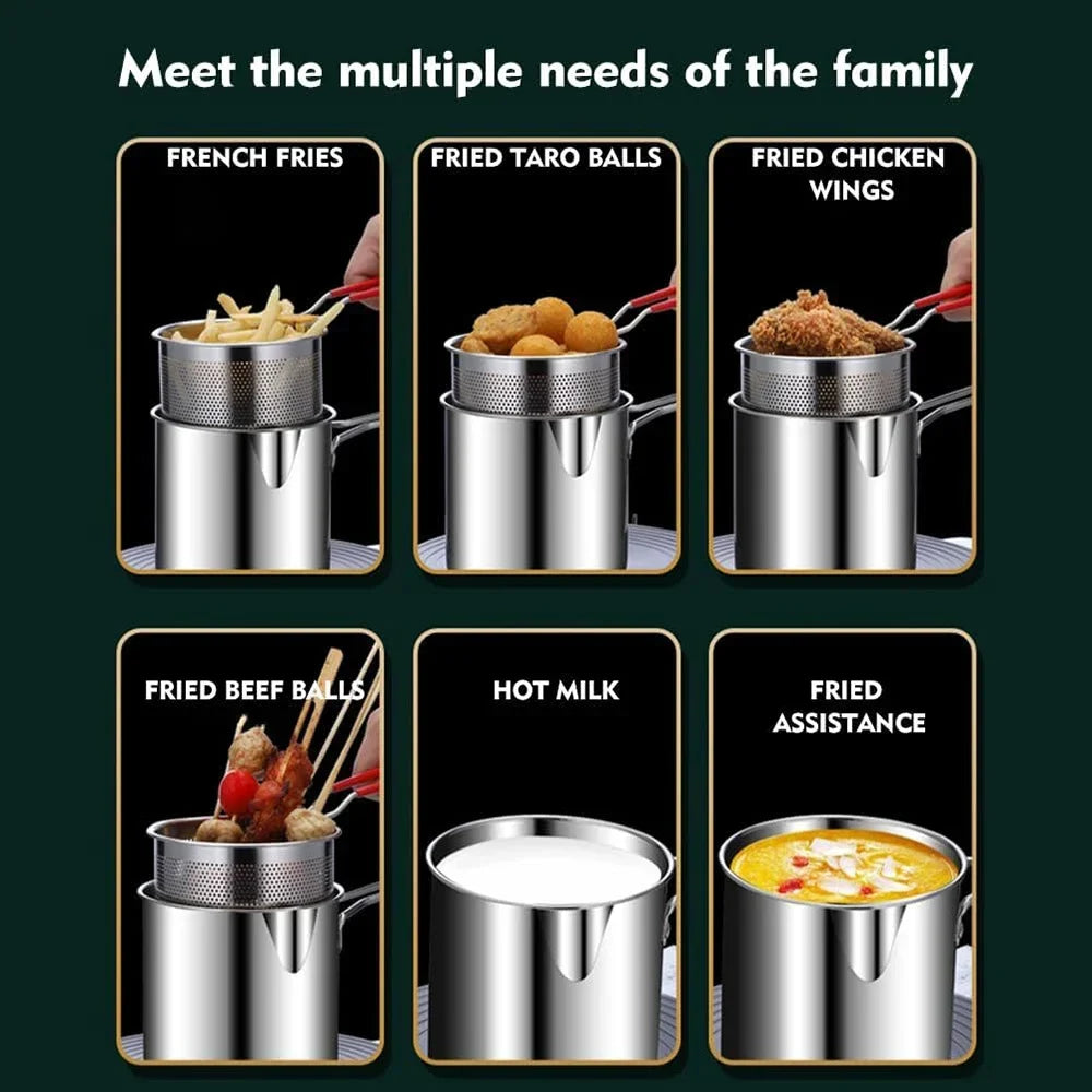 Small frying pan with stainless steel frying basket for household use, multifunctional cooking tool for fried chicken
