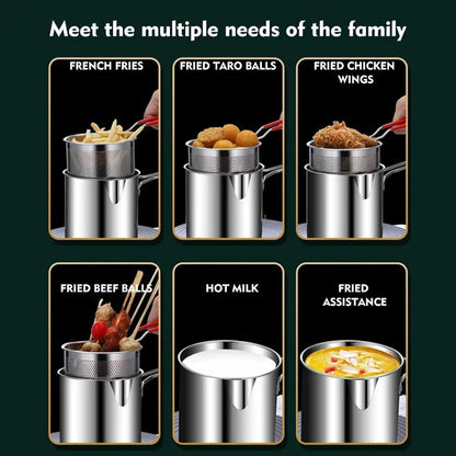 Small frying pan with stainless steel frying basket for household use, multifunctional cooking tool for fried chicken
