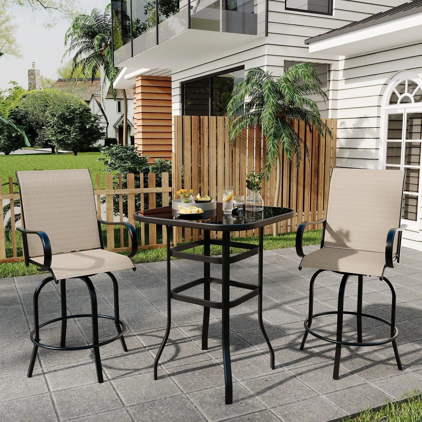 Set Of 2 All-Weather Swivel Bar Stools, 360° Rotating Outdoor Counter Height Chairs With High Back & Armrests For Deck Patio