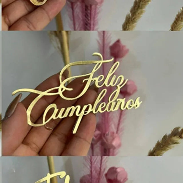 ins Spanish Happy Birthday Cake Topper Golden Crown Acrylic Birthday Party Cake Toppers For Baby Shower Cake Dessert Decorations