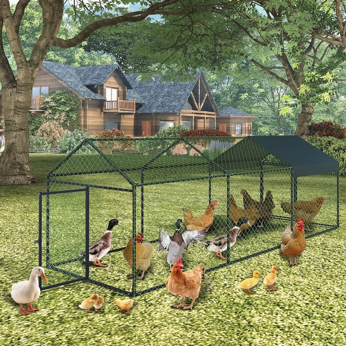 Heavy Duty Large Metal Chicken Coop 120"x40"x40" Walk-in Poultry Cage with Lockable Door Outdoor Backyard Chicken Run Playpen