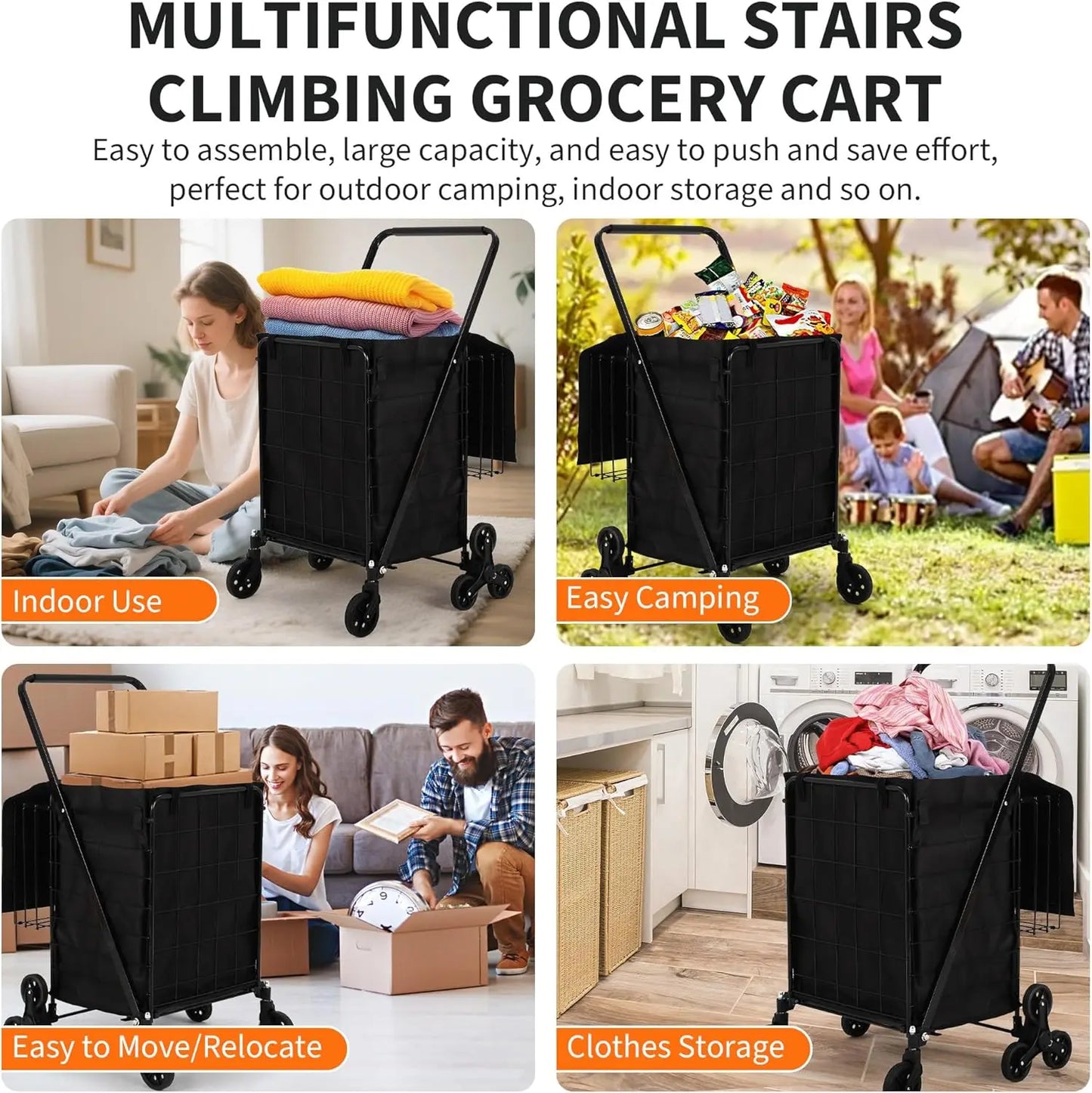 Portable Collapsible Folding Utility Cart Stair Climbing Grocery Cart Featuring Rear Tri-Wheels 360° Swivel Wheels for Grocery