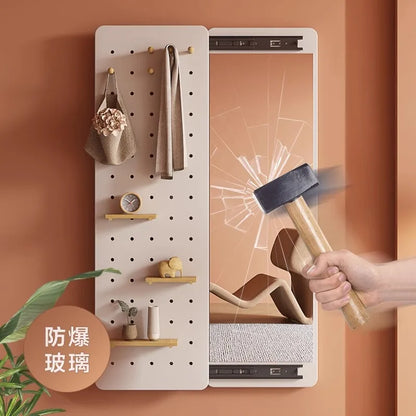Solid wood perforated board dressing mirror invisible push-pull full body mirror storage wall hanging entrance dressing mirror