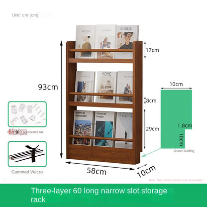 Behind the door, there is a small bookshelf, a multi-layer solid wood ultra-thin bookcase, a newspaper rack, a narrow slit child