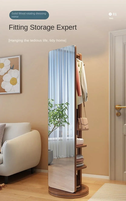 Solid wood dressing mirror full body mirror home rotatable fitting mirror floor mirror with hanger integrated bedroom mirror