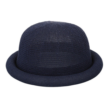 Women's Straw Yarn Curled Brim Round Crown Top Hat Leisure Basin Hat