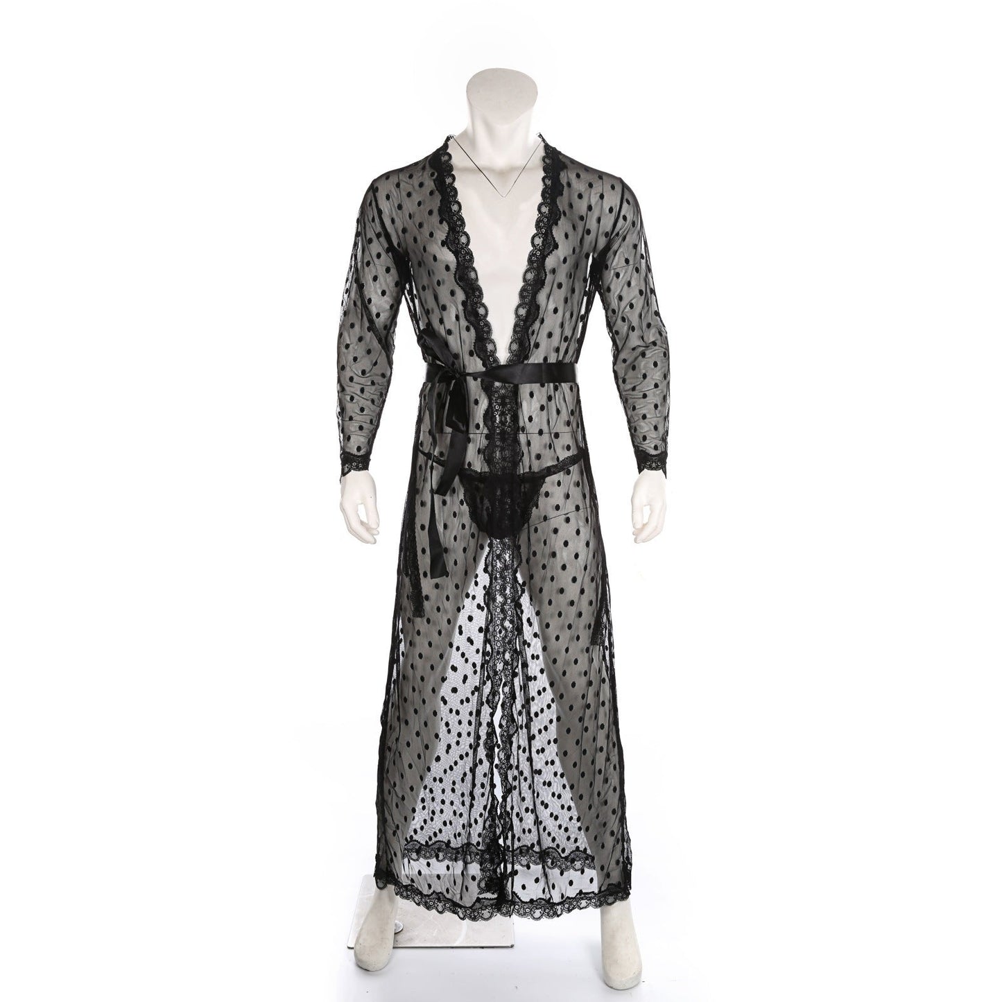 Men's Polka Dot Japanese Kimono Silky Lace Bathrobe