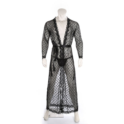 Men's Polka Dot Japanese Kimono Silky Lace Bathrobe