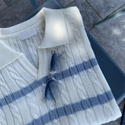 Lightweight Y-shaped Lapel Vertical Striped Sweater