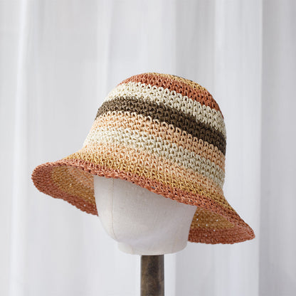 Striped Handmade Crocheted Rainbow Straw Hat For Women Foldable Sun-proof