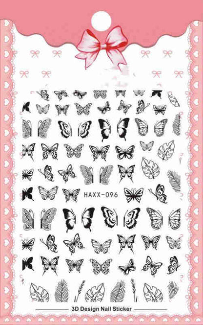 Black Butterfly Nails Stickers White Flower Adhesive
