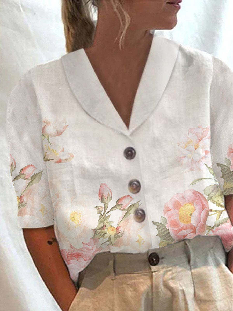 Women's Stand Collar Printed Cotton-Linen Shirt