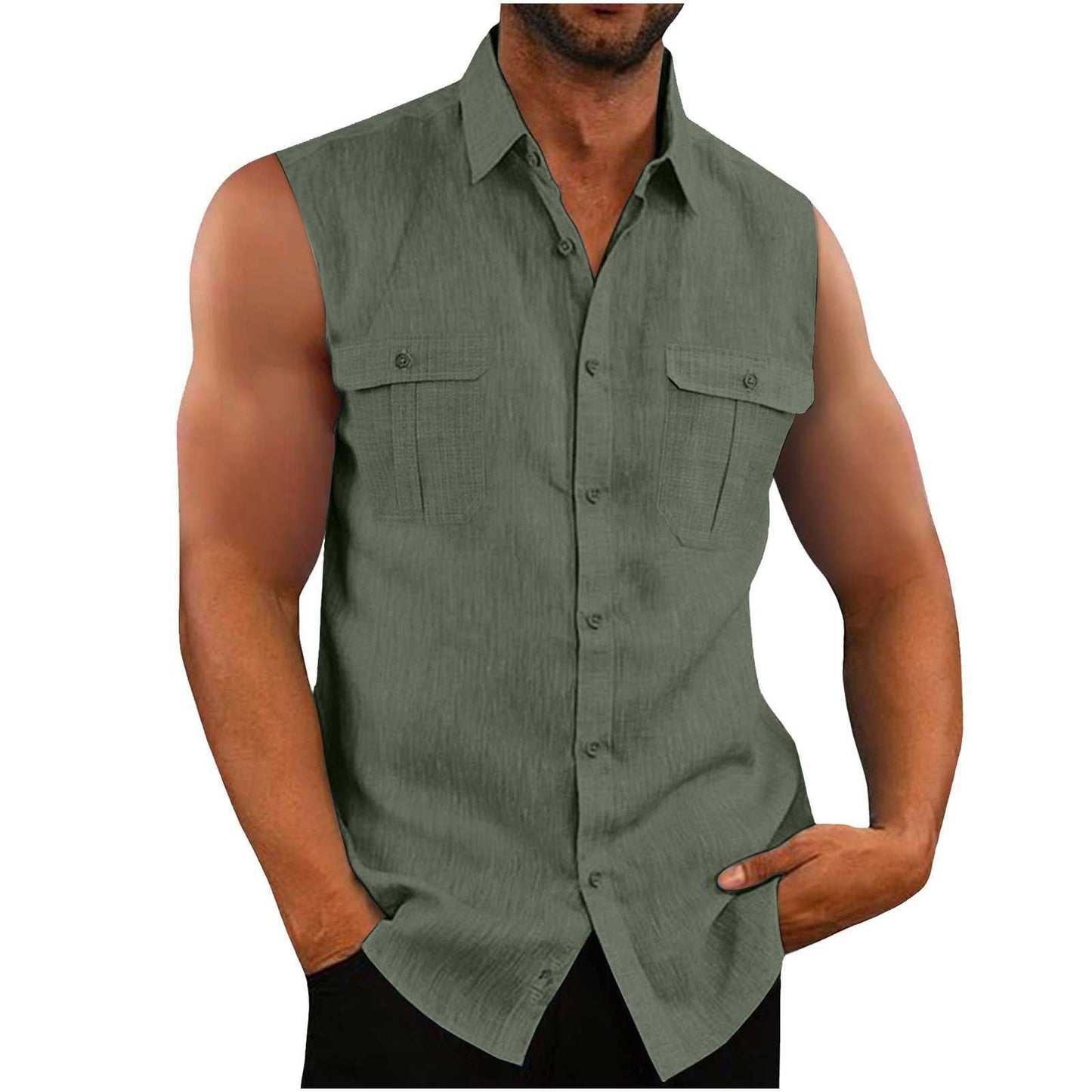 European American Men's Double Pocket Cotton Linen Shirt
