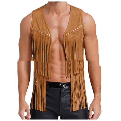 Men's Suede Sleeveless Vneck Rivet Tassel