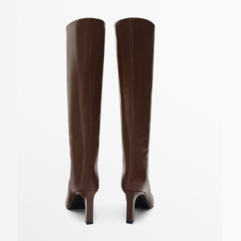 High Heel Leather Knight Boots Pointed Toe