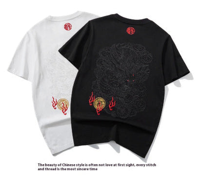 Embroidered Dragon Pattern Round Neck Cotton T-shirt