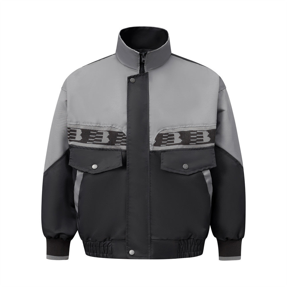 European And American Color Contrast Patchwork Workwear Stand-up Collar Jacket