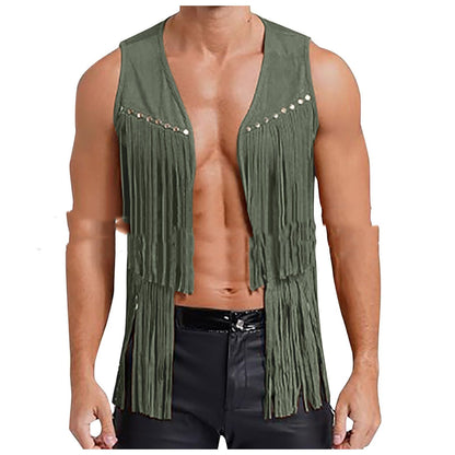 Men's Suede Sleeveless Vneck Rivet Tassel