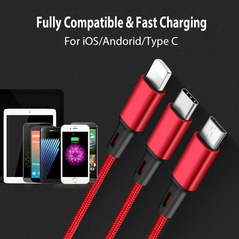 3 In 1 Charging Cable - Fast Charge, Durable 1.2M Length for iPhone, Android, Type-C Devices