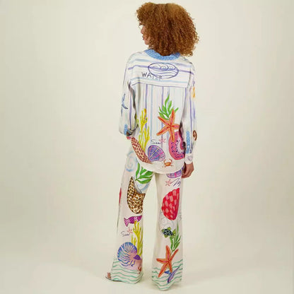 Satin Printed Graffiti Casual Shirt and Trousers Set