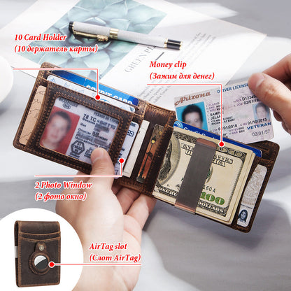 Anti-Magnetic Change Clip Head Layer Cowhide Suitable For Airtag Anti-Lost Device Dollar Clip Leather Men's Wallet