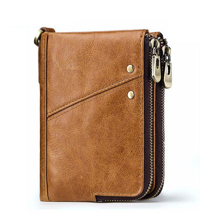 Anti-Theft Brush RFID Genuine Leather Men's Wallet Multifunctional Double Zipper Vertical Wallet Fashion Casual Coin Purse