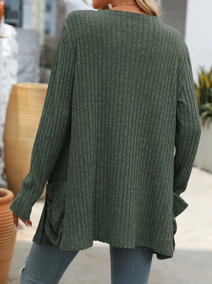 Autumn and winter new solid color pit stripe brushed pocket cardigan long sleeved jacket for women