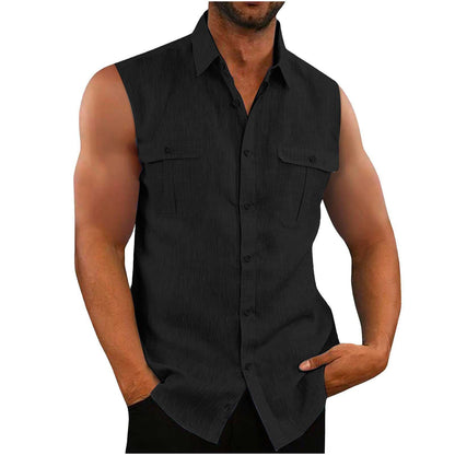 European American Men's Double Pocket Cotton Linen Shirt