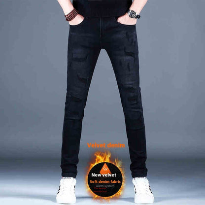 Ripped Fleece Slim-fit Stretch Jeans