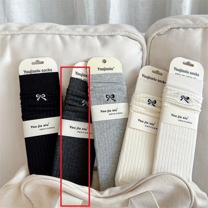 Solid Color Bow Embroidery Mid-calf Length Loose Socks