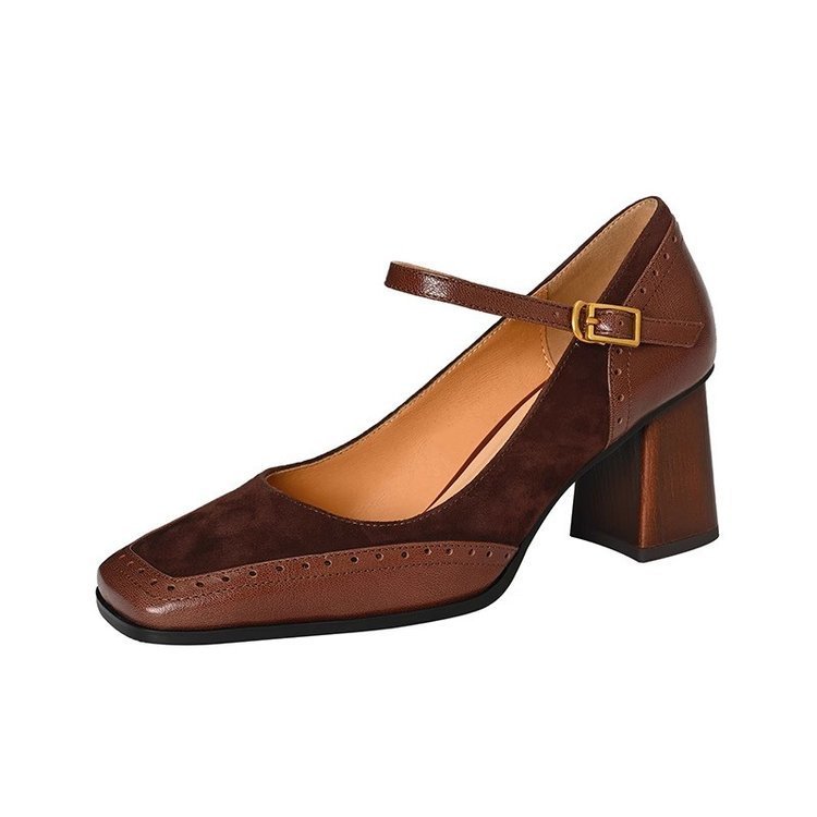 Patchwork Chunky Heel Buckle French Style Square Toe High Heel