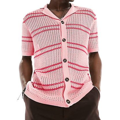 Men's Knitwear Lapel Short Sleeve Hollow Cardigan