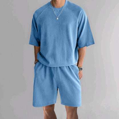 Men's Terry Casual Round Neck Sports Shorts Short Sleeve Two-piece Set