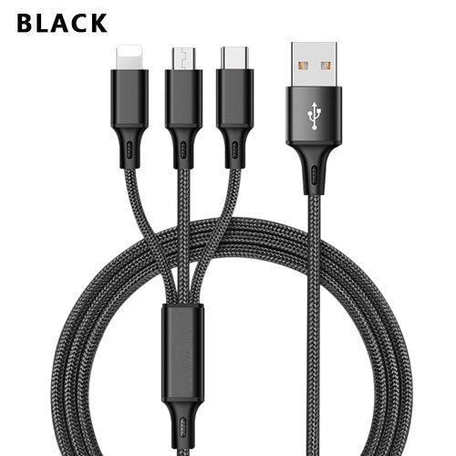 3 In 1 Charging Cable - Fast Charge, Durable 1.2M Length for iPhone, Android, Type-C Devices