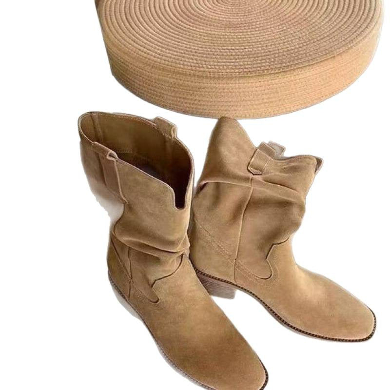 Autumn Western Pleated Short Single Women's Pile Style Boots