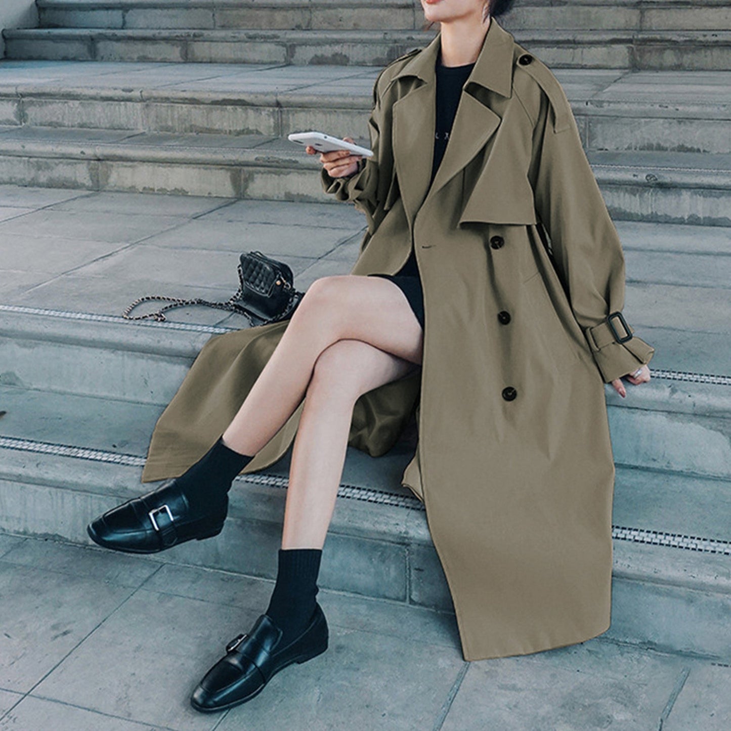 Women's Trendy Double-Breasted Trench Coat, Oversize Korean Style, Spring Clothing
