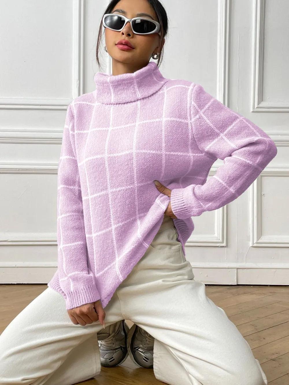 Bottom layer shirt contrasting plaid high neck sweater top