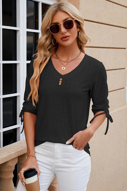 Button V-neck solid color mid sleeve loose T-shirt top for women's wear