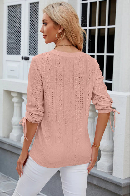 Button V-neck solid color mid sleeve loose T-shirt top for women's wear